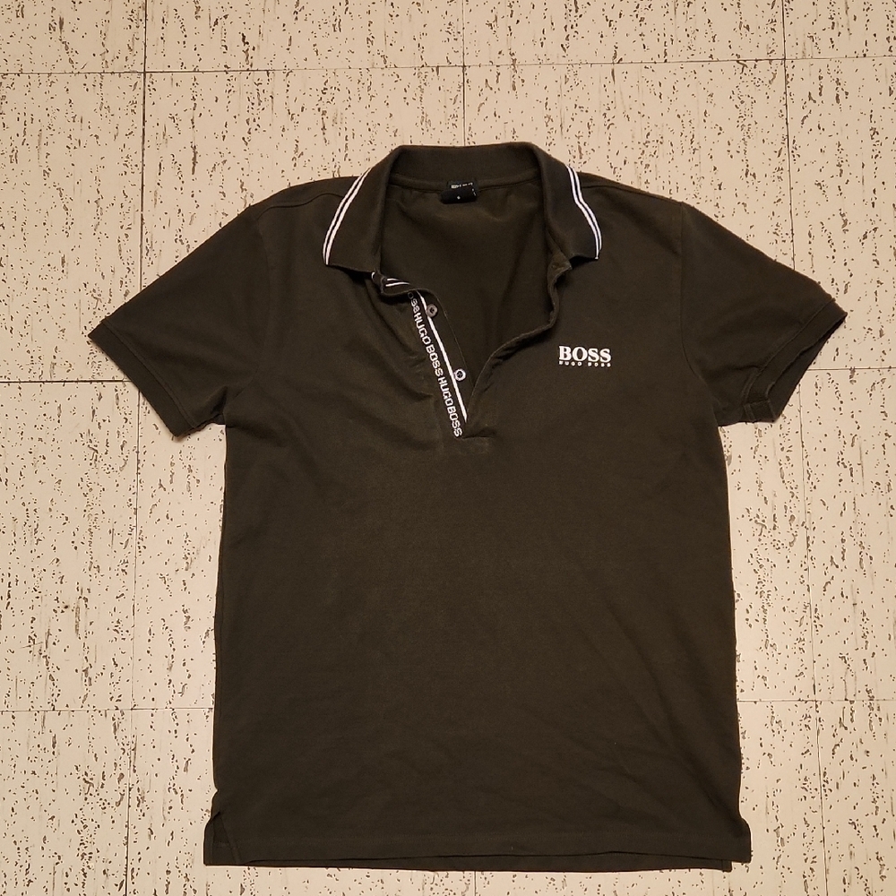 Hugo Boss Brown & White Multi Spellout 1/4 Button Down Polo Shirt